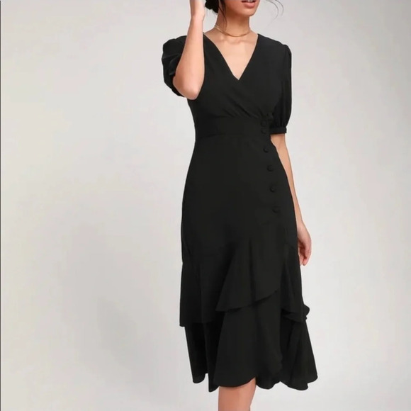 Lulus Dresses & Skirts - Lulu's Women’s Black Button-Up Short Sleeve Midi Cascading Ruffles Dress Size XS